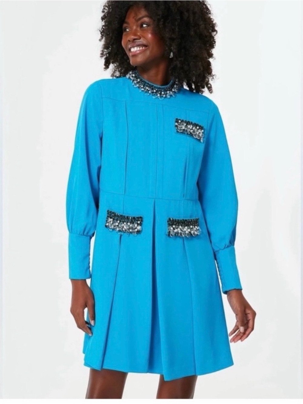 Tuckernuck Turquoise Jeweled-Trim Long-Sleeve A-Line Dress